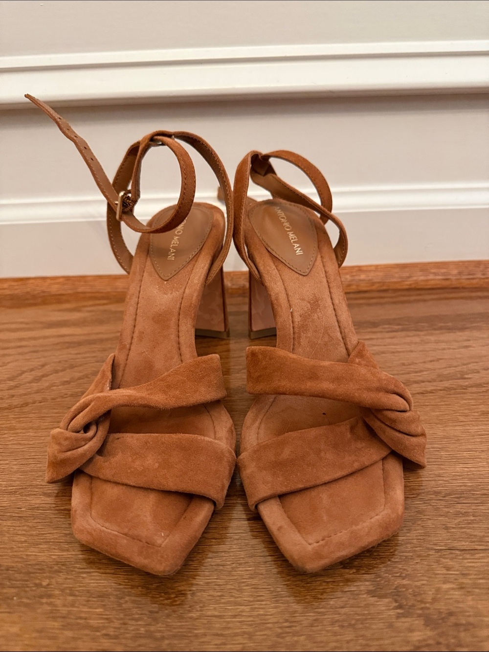 Antonio Melani Cognac Suede Knot Strap Block Heel Sandals